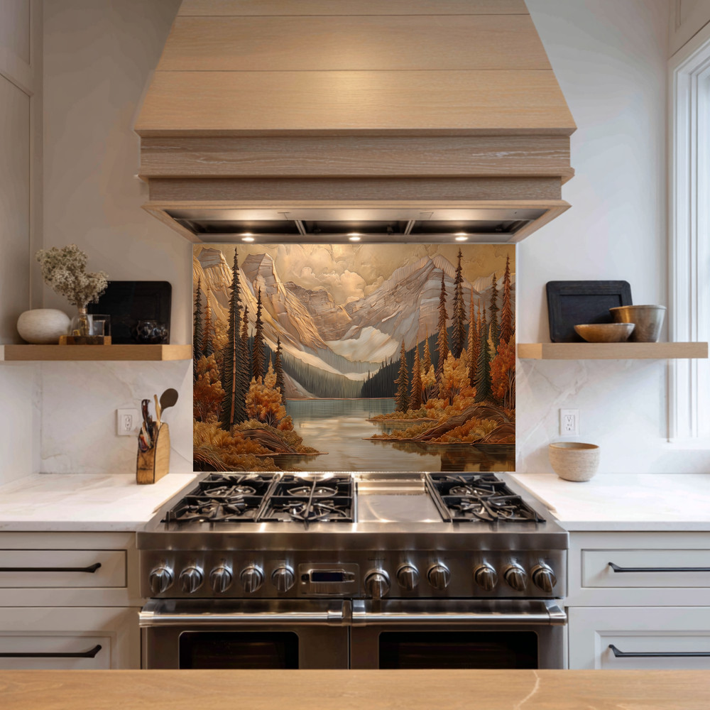 Pine Tree and Mountain Glass Backsplash, Tempered Glass Kitchen Splashback