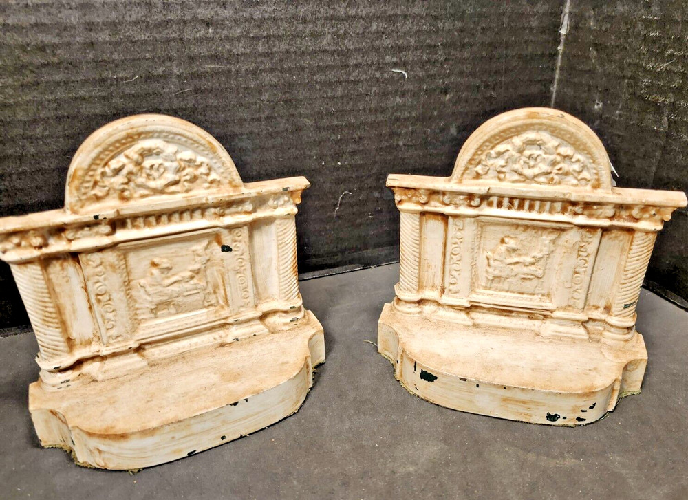 Antique Cast Iron Enamel Bookends Classical Myth Penelope Weaving on Loom