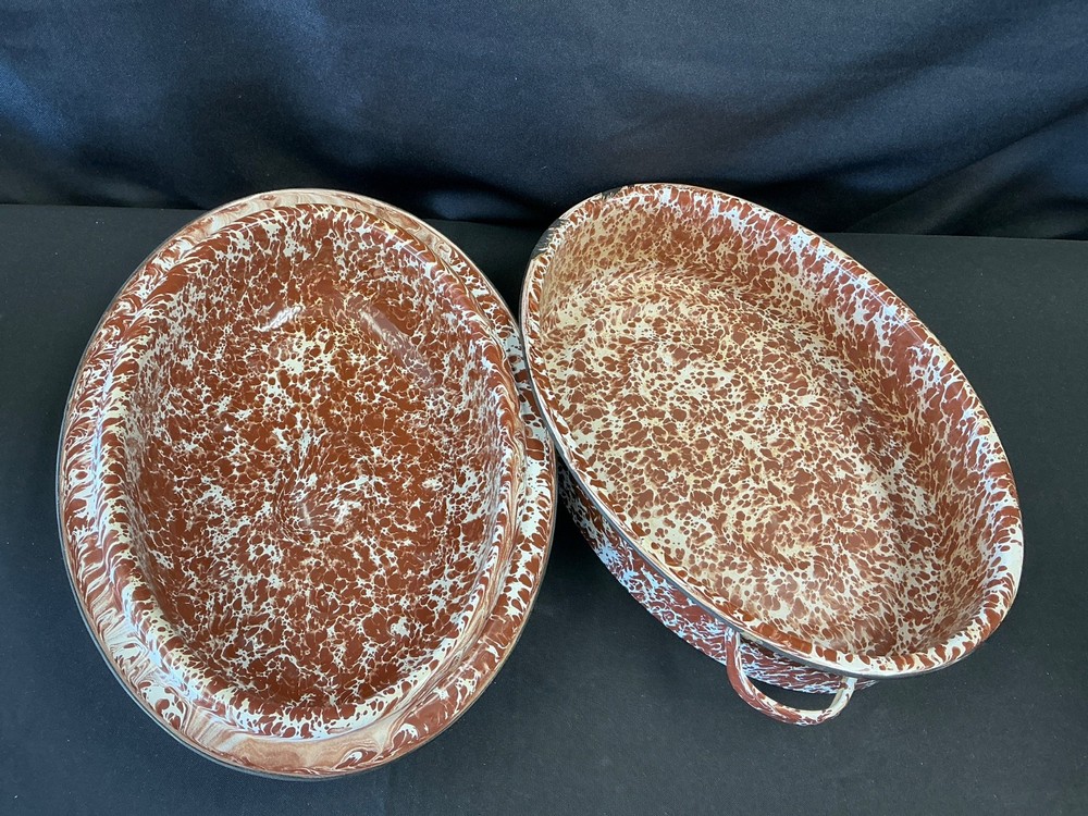 Brown & White Marbled Splatter Design 13 " Roasting Pan, Handles on Side