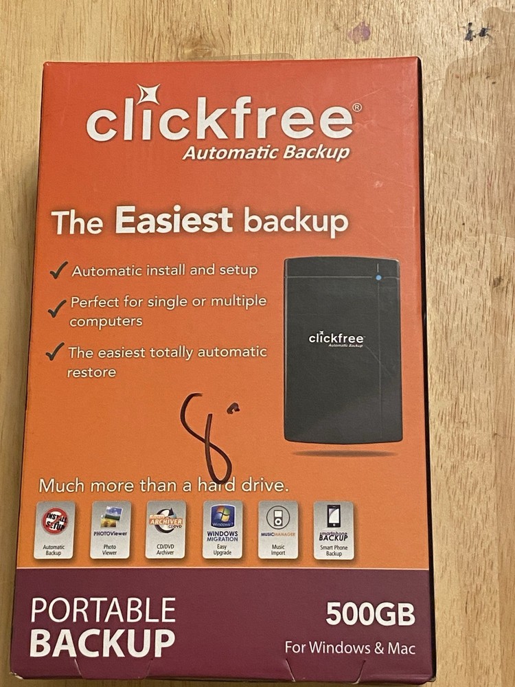 Clickfree Automatic Backup 500GB External Hard Drive Portable Backup NEW OPEN BO