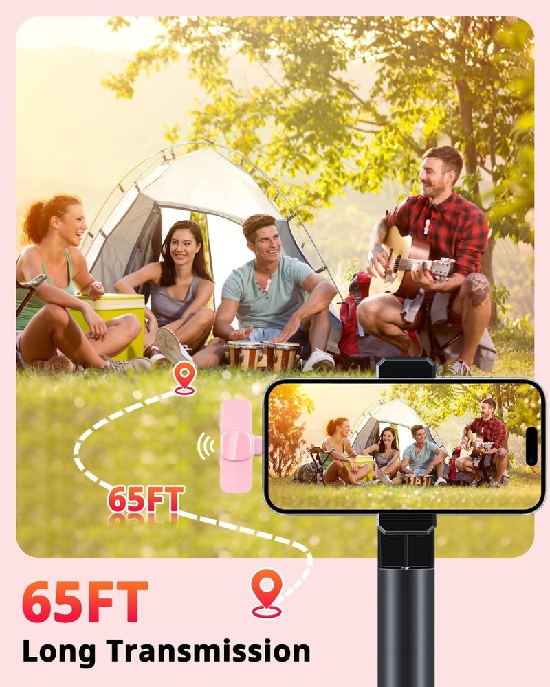 Pink Wireless Lavalier Microphone for iPhone & Android - Mini Clip-On Mic with N