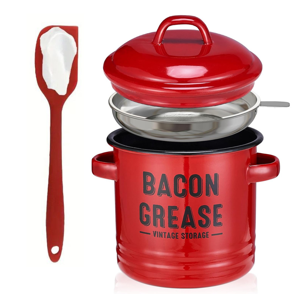 Bacon Grease Container with Strainer - Large Red Kitchen Oil Storage Can - Red