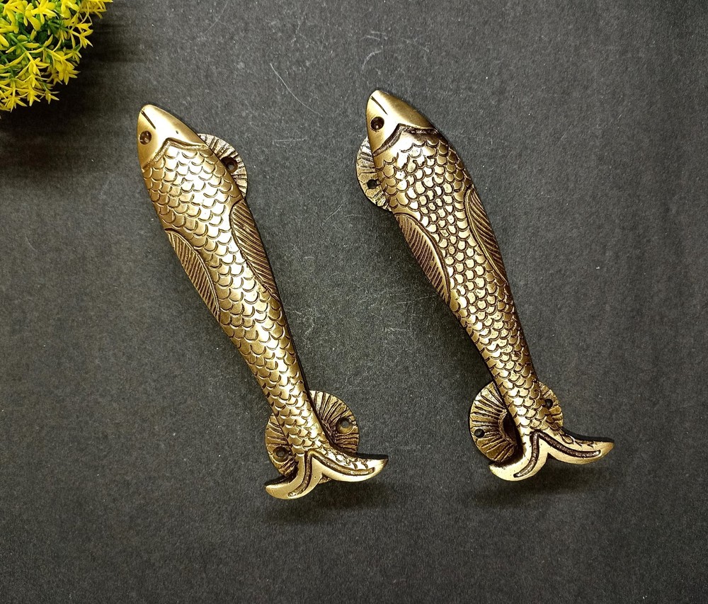 Lacquered Brass Sea Fish Cupboard Pull Office Interior Door Handle Pair AJ456