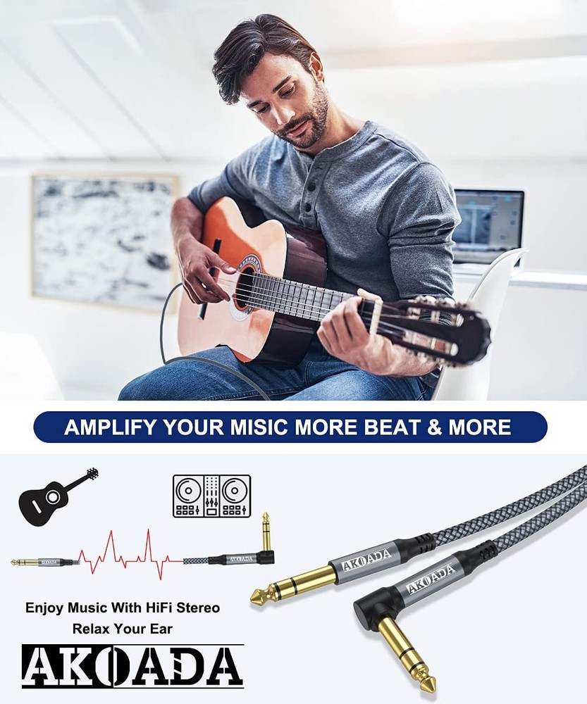 AkoaDa 1/4 Inch TRS Instrument Cable (20 ft 2Pack), Right Angle 20FT, Grey