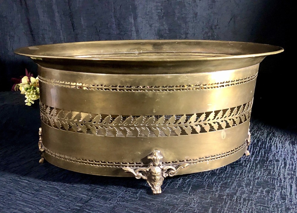 Solid Brass Planter Antiqued Brass Cherub Footed Container Pierced Sides *