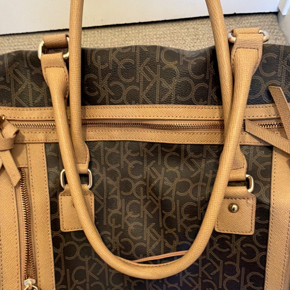 Calvin Klein Logo Print Brown Polyester Duffle Bag Adjustable Straps