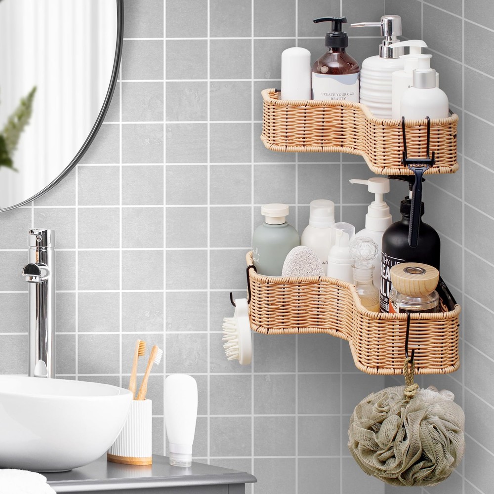 Corner Shower Caddy, 2 Pack Rustproof Corner Shelves, Wicker Shower Organizer...
