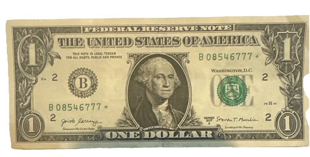 2017 $1 Dollar Bill Star Note, Miscut Cut Error and Low Serial Number