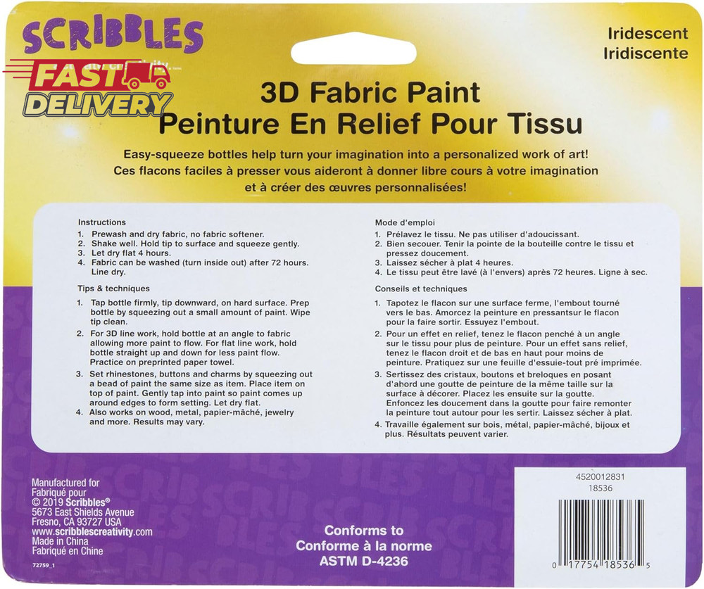 SCRIBBLES 18536 Dimensional Fabric Paint, Iridescent, 6-Pack, 1 Oz