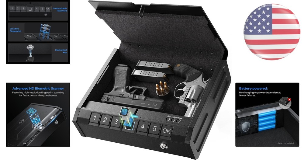 Quick Access Biometric Handgun Safe with Security Cable & Low Battery Warning