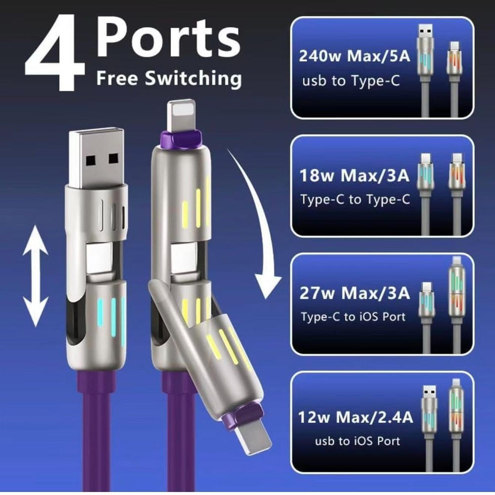 240W 2-in-2 Fast Data Cable USB C Multi Charger Cable with LED Indicator,