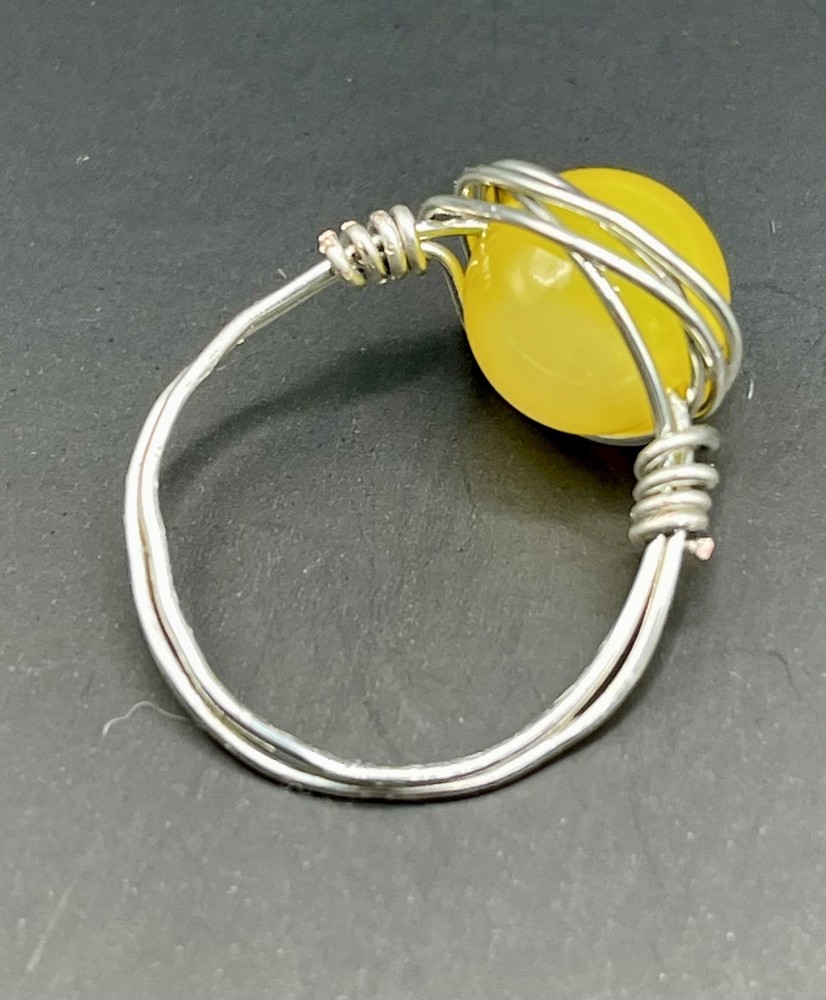 Wire Wrapped yellow stone Ring. Size 8. Silver Wire.