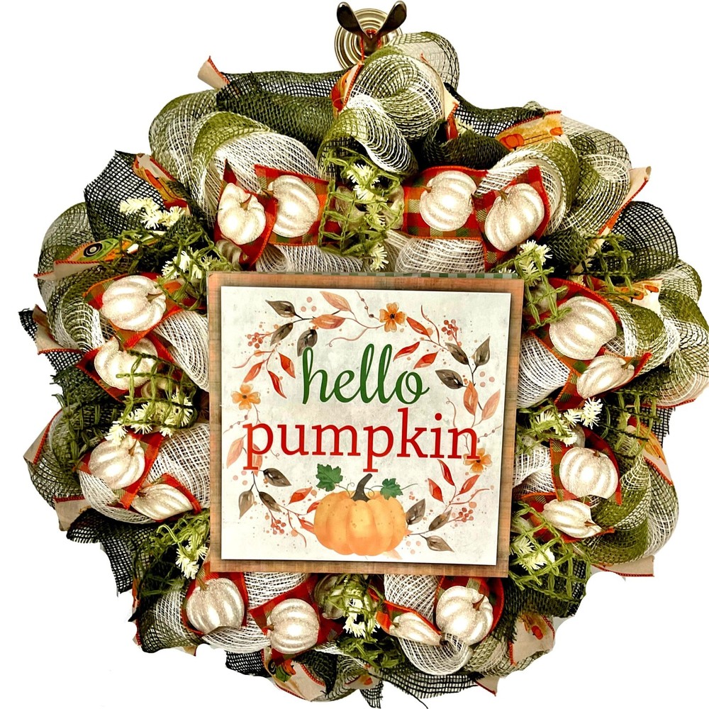 Hello Pumpkin Harvest Wreath Handmade Deco Mesh