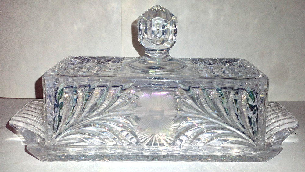 Clear Glass Rectangular Butter Dish W/ Lid Geometric Pattern Diamond