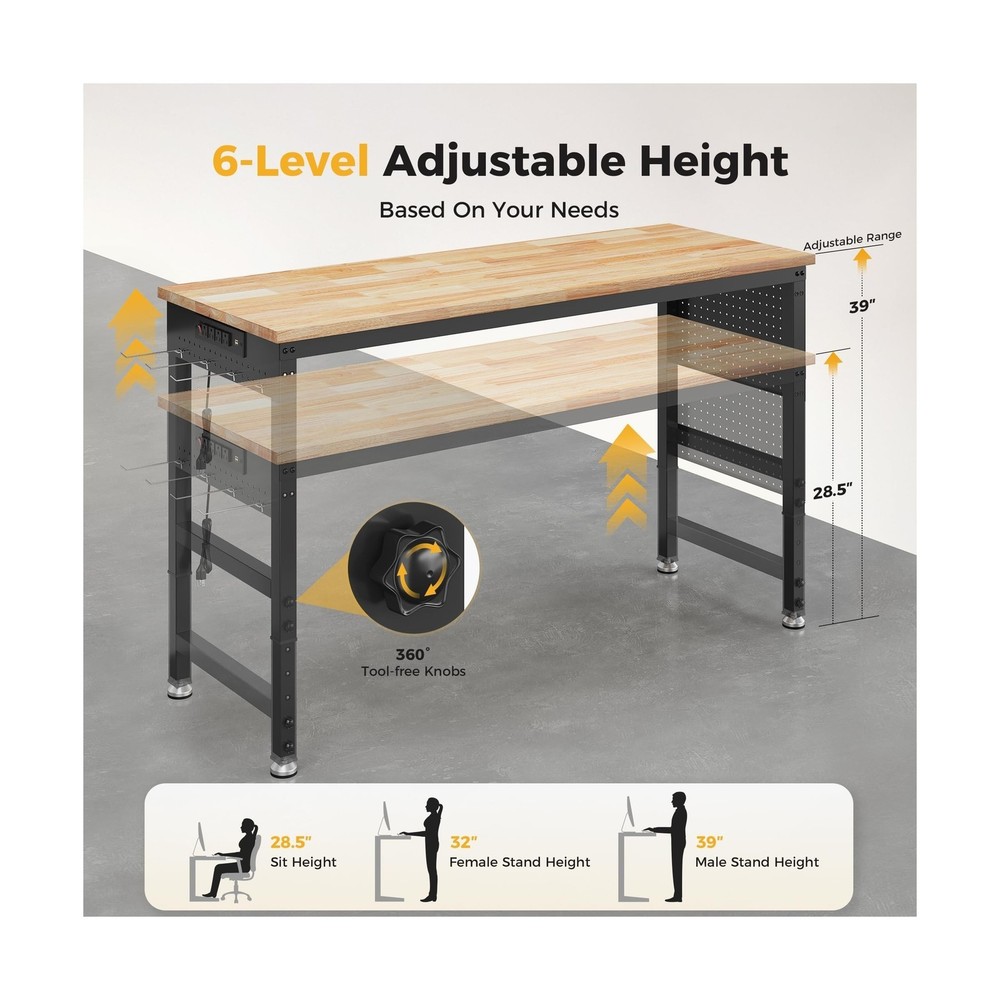 60" Adjustable Heavy Duty Workbench, 2000 LBS Load Capacity Rubber Wood Work ...