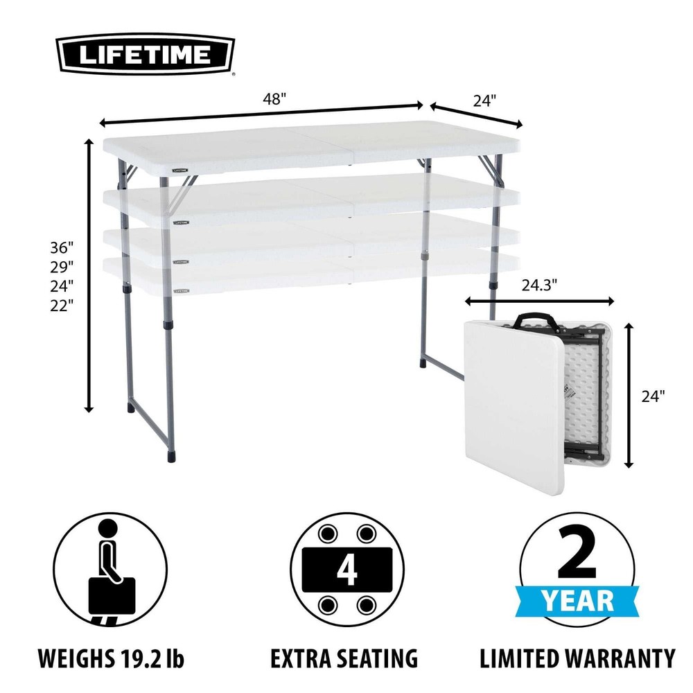 Lifetime Adjustable Height Leg Table 4428 White 4' Fold-in-Half Folding Table