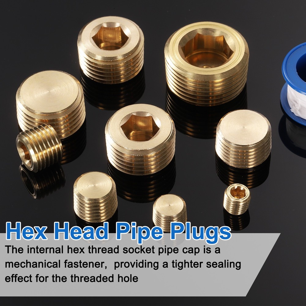 6Pcs 1/2 NPT Brass Pipe Plug Fitting, Male Thread Internal Hex Socket Pipe Cap