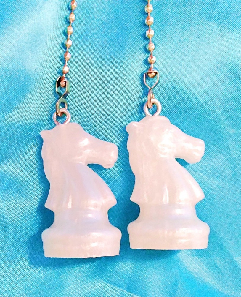 Set of Two ~ KNIGHT Chess WHITE IRREDESCENT ~ Ceiling Fan Pull Chains