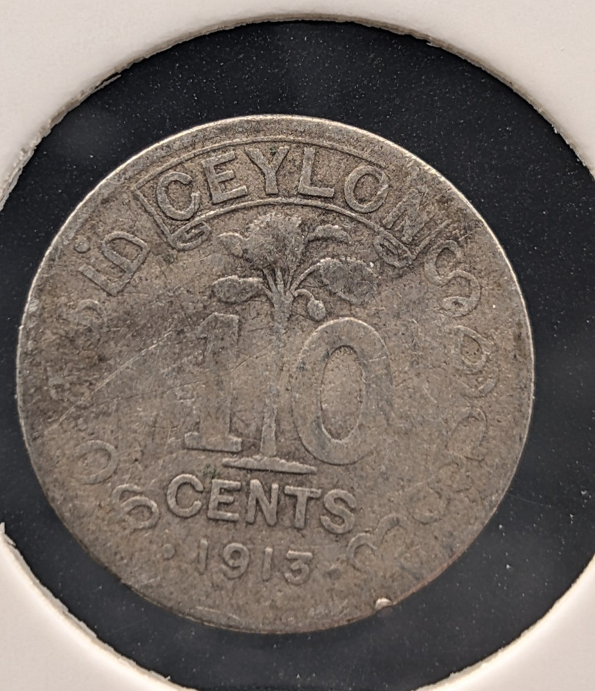 Ceylon 1913 – 10 Cents (80% Silver, Palm Tree Design)