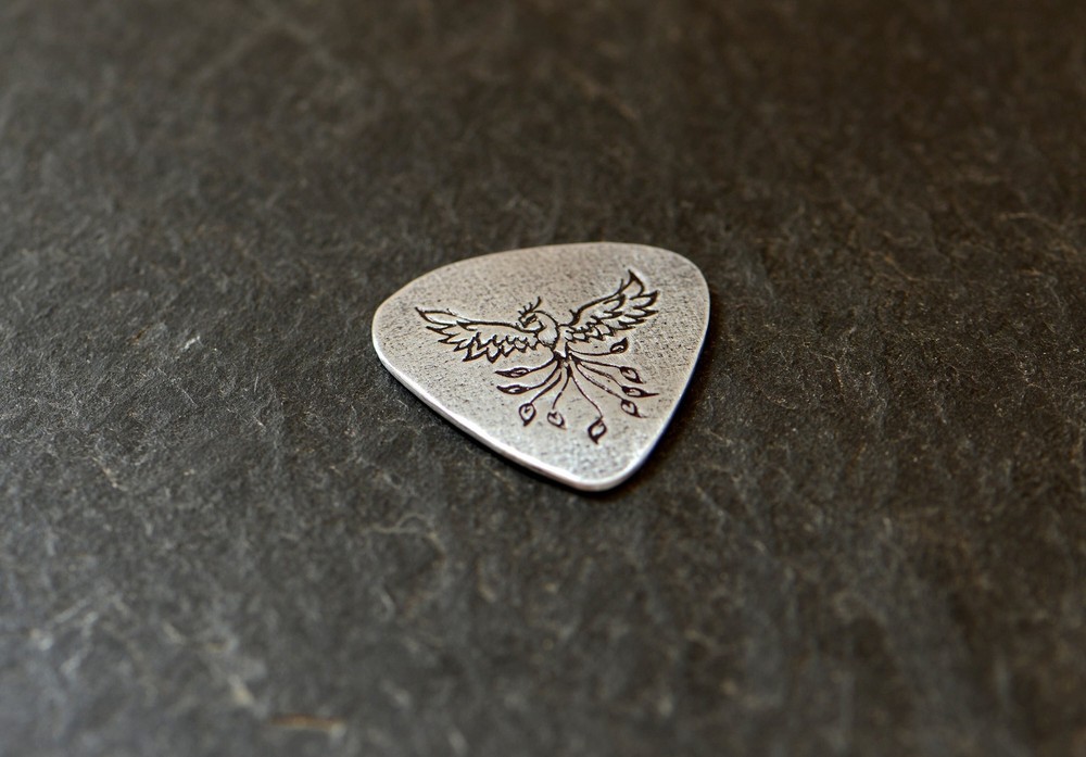 Sterling silver guitar pick with Phoenix - playable - NicisPicks