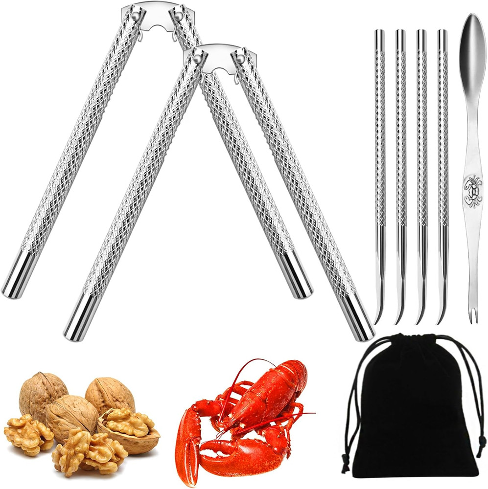 8 Pcs Nutcracker Stainless Steel Nut Cracker Set - 2 Nut Cracker, 4 Picks, 1 Wid