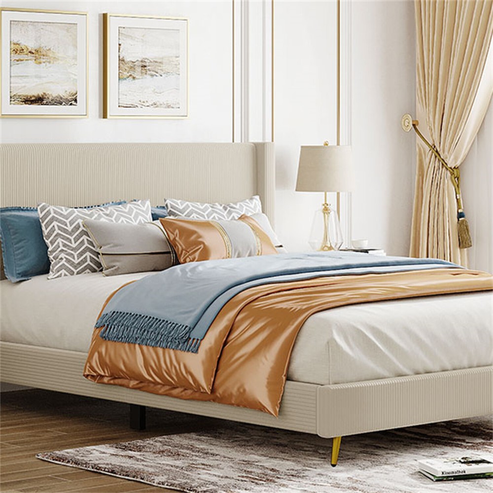Queen Size Bed Frame Upholstered Platform Bed w/ Upholstered Headboard Beige New