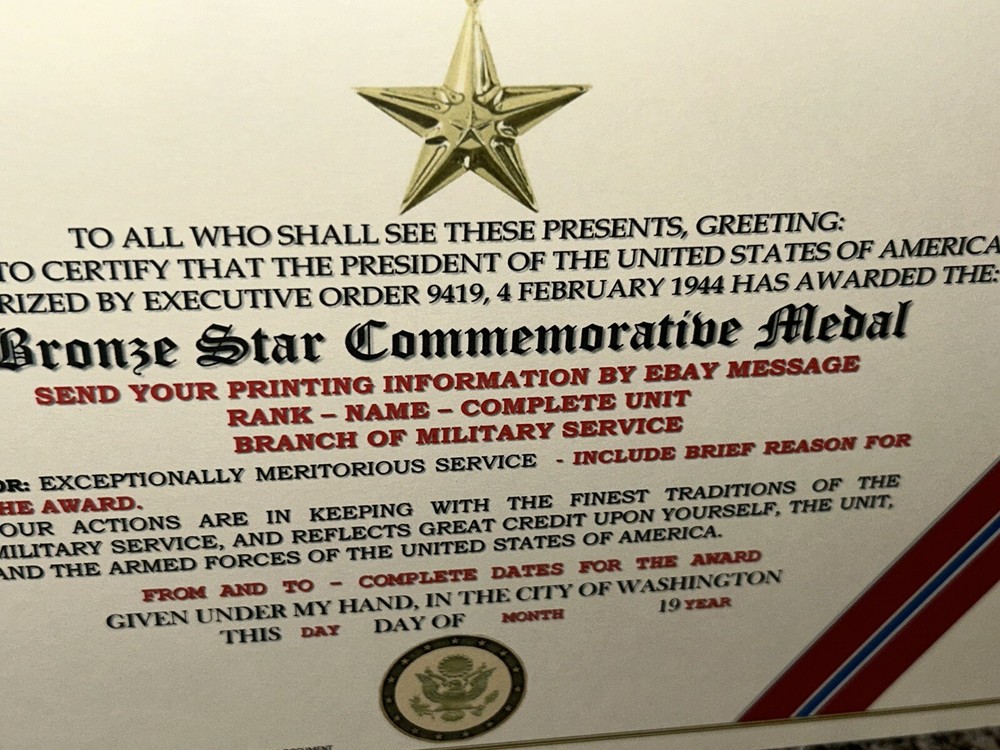 BRONZE STAR MEDAL COMMEMORATIVE CERTIFICATE ~ TYPE-2 w/PRINTING