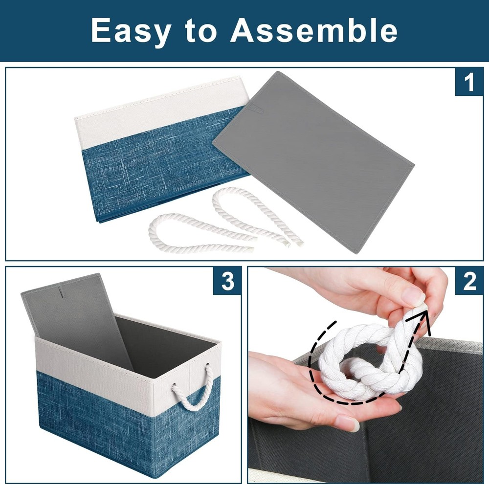 3 Pack Storage Bins Foldable Baskets Large Box Rope Handle White Blue