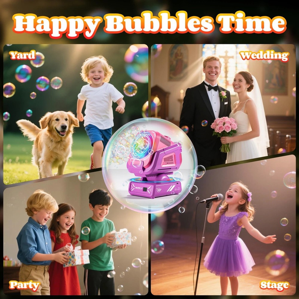Bubble Machine with Remote Control, Automatic Rotation RGB Lights, 1800mAh