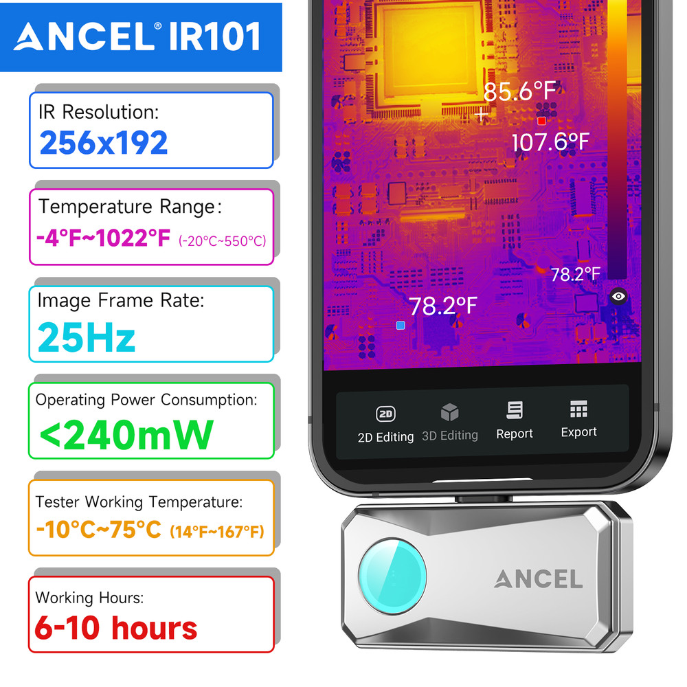 ANCEL Thermal Camera Imaging Inspection IR101 Fit for iPhone IOS Windows Tablet