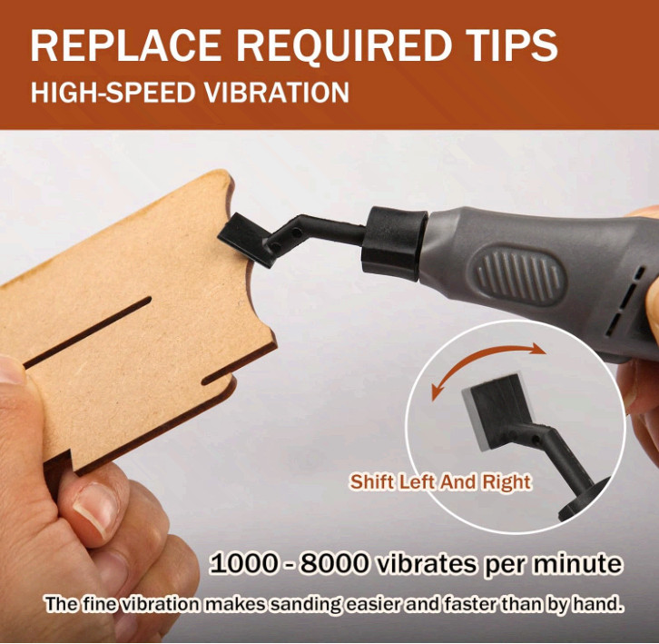 Cordless pen sander, variable speed, USB charge, LED, multi-purpose tool