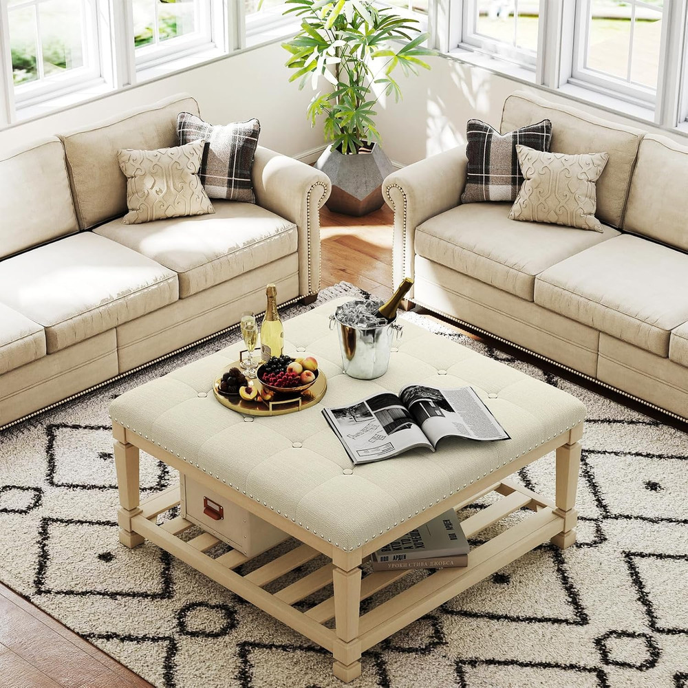 Ivory Large Square Ottoman Coffee Table with Storage & Tufted Upholstery