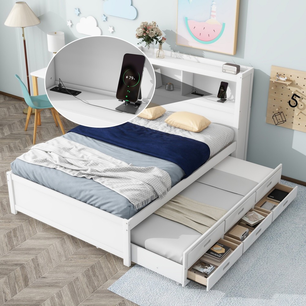 Full Size Bed Frame Wood Platform Bed w/ Pull-Out Trundle & Drawer White/Gray