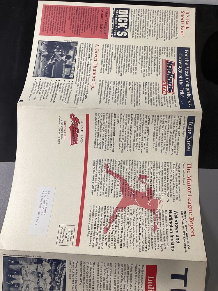 1998 Cleveland Indians Tribe Talk Baseball Information Fold Out Program Mailer