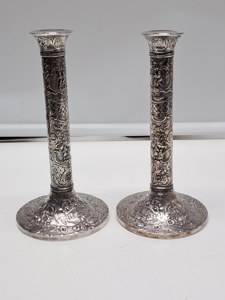 Antique Silver-Plated Repousse Candlestick Holders