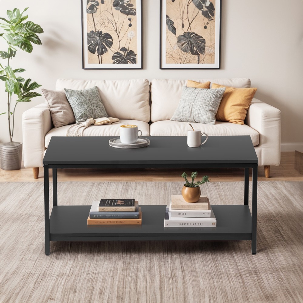 2-Tier Coffee Table Simple Modern Rectangular Center Table for Living Room Black