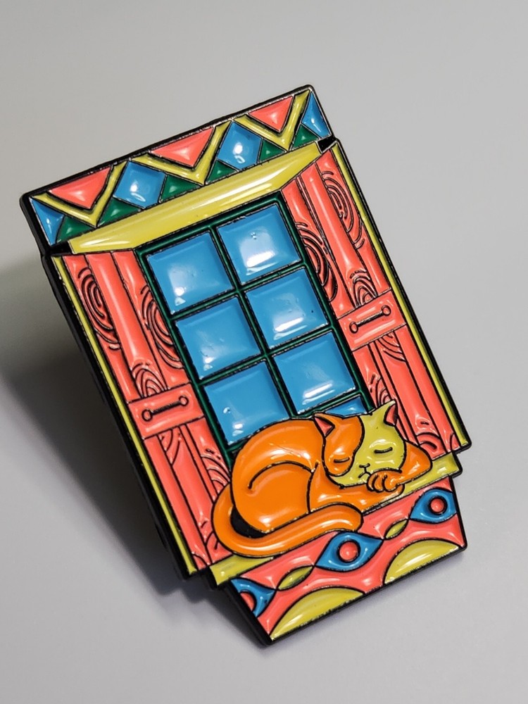 Cat Sleeping On Window Sil Lapel Pin Florescent Colors