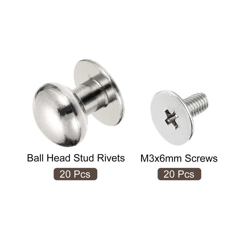 10mm Ball Head Stud Rivets Screw Back, 20Pack Round Head Button, Silver Tone