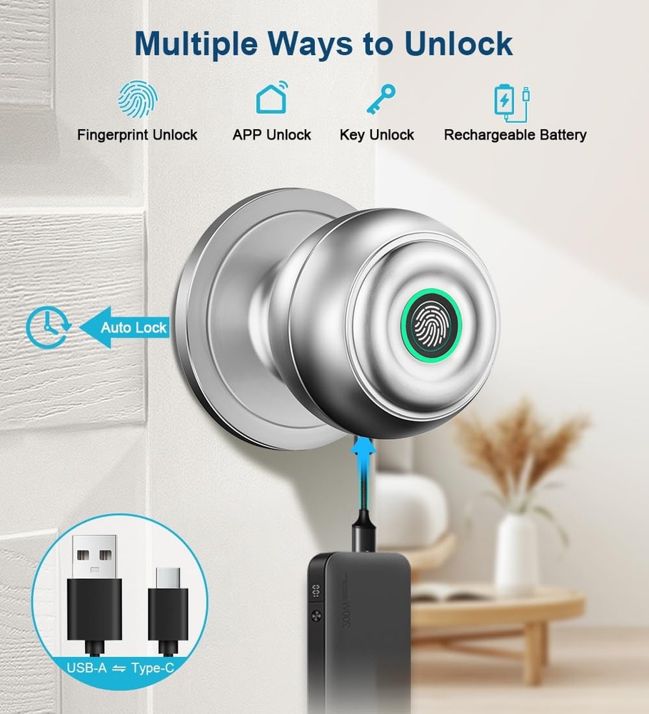 KLLOQUE Fingerprint Door Lock, Smart Knob 1 Piece, Silver