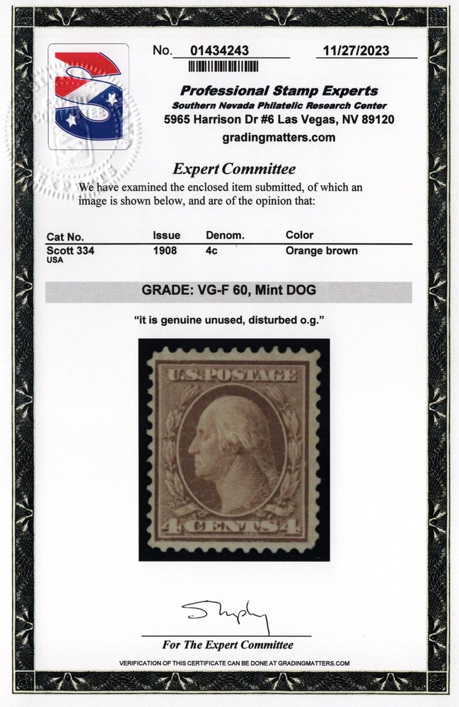 US #334 | Unused OG | Very Good/Fine | PSE Cert
