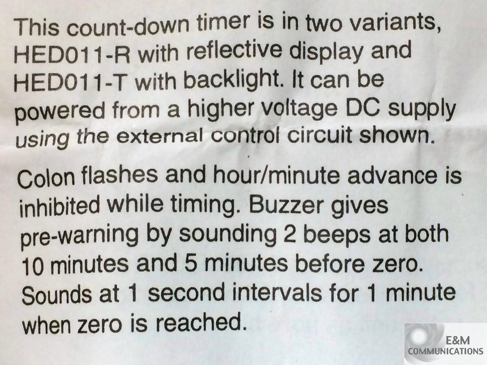 HED011T TRUMETER FALCON COUNT DOWN TIMER ALARM OUTPUT OPTIONAL BACKLIGHT