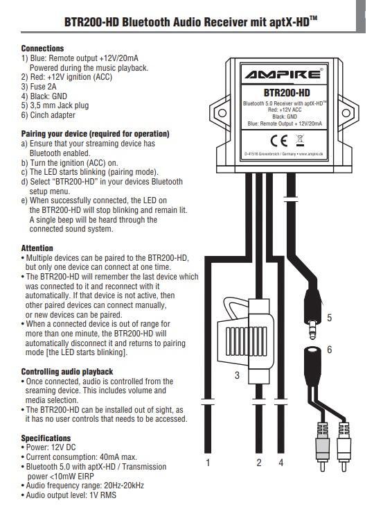 Bluetooth Audio Receiver Interface 3.5mm Jack RCA Adapter Vehicles 12 Volt
