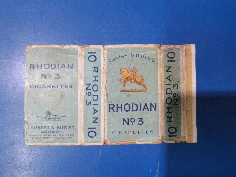 opened empty cigarette mini hard pack--70 mm-UK-Rhodian