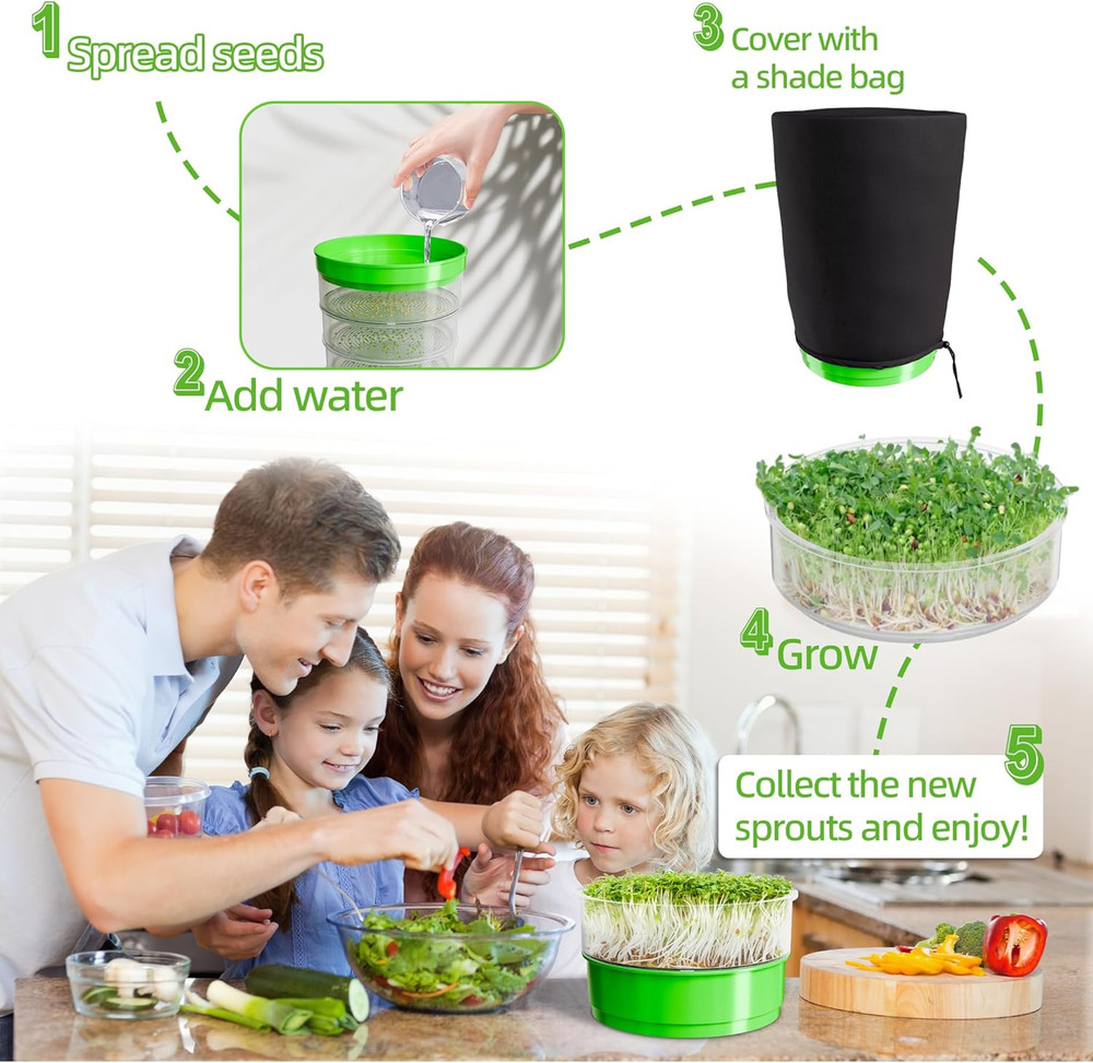 4-Tier Seed Sprouting Kit, Stackable Microgreens Growing Kit with Drain Trays An