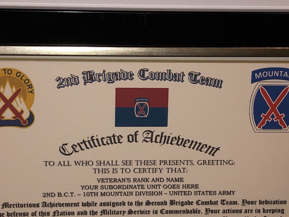 2ND B.C.T. / 10TH MOUNTAIN DIVISION - COA / (COMMEMORATIVE CERTIFICATE)