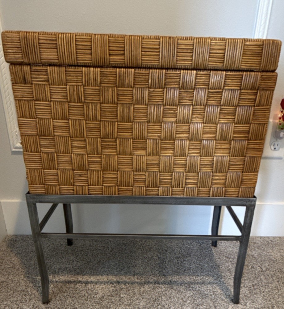 Rectangular Wicker Chest with Metal Stand, Basketweave, Brown, Modern Style