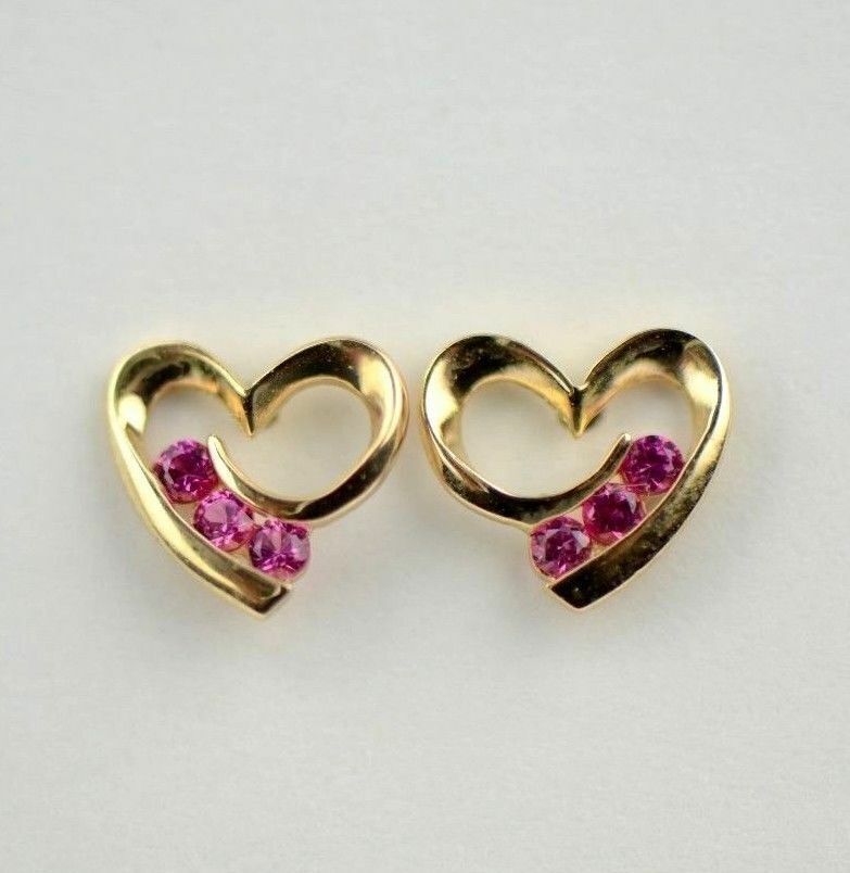 14k Solid Yellow White Gold Heart Shape CZ Stud Earrings