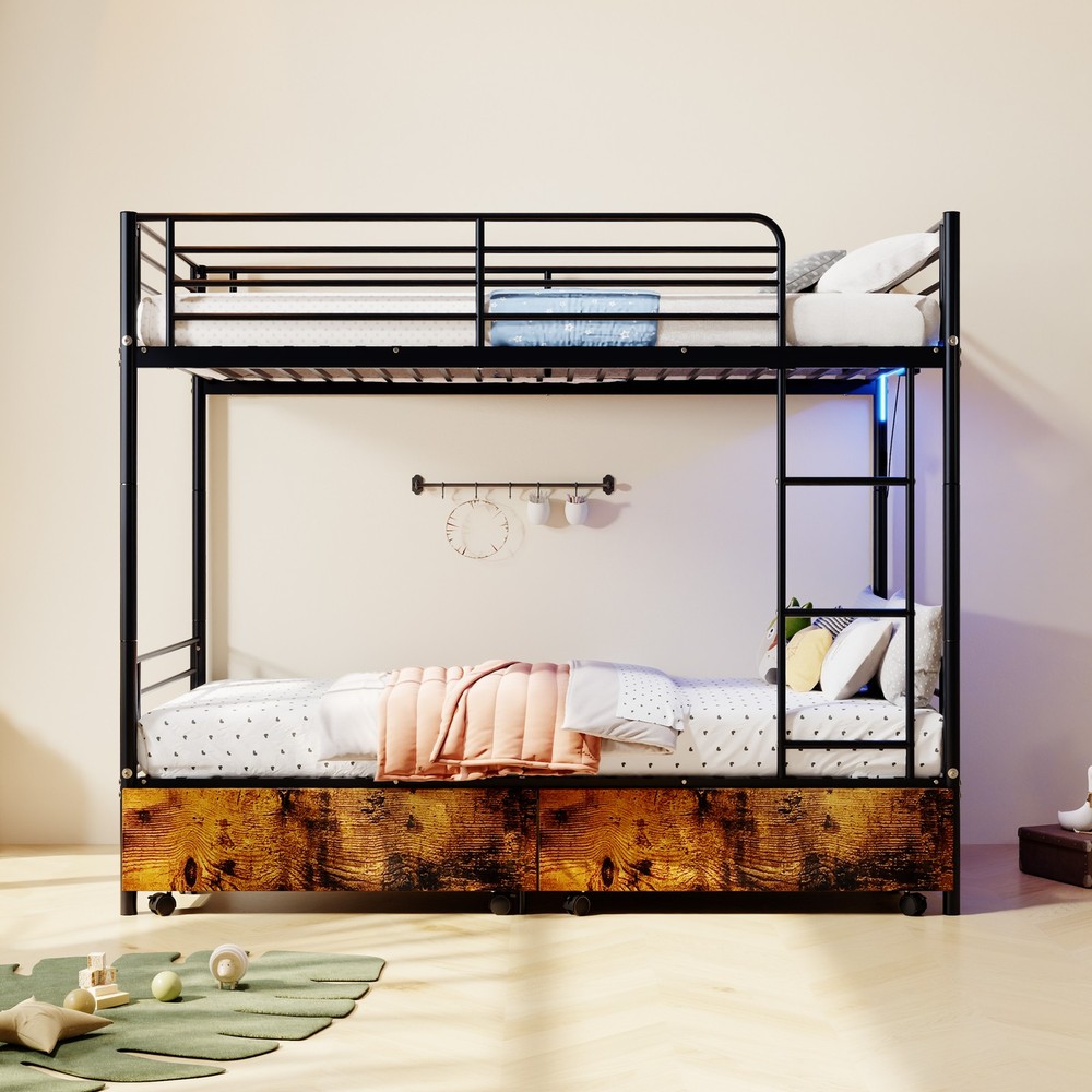 Bunk Bed with USB Charging Station, Able to Split, Metal Bunk Bed, Storage Space