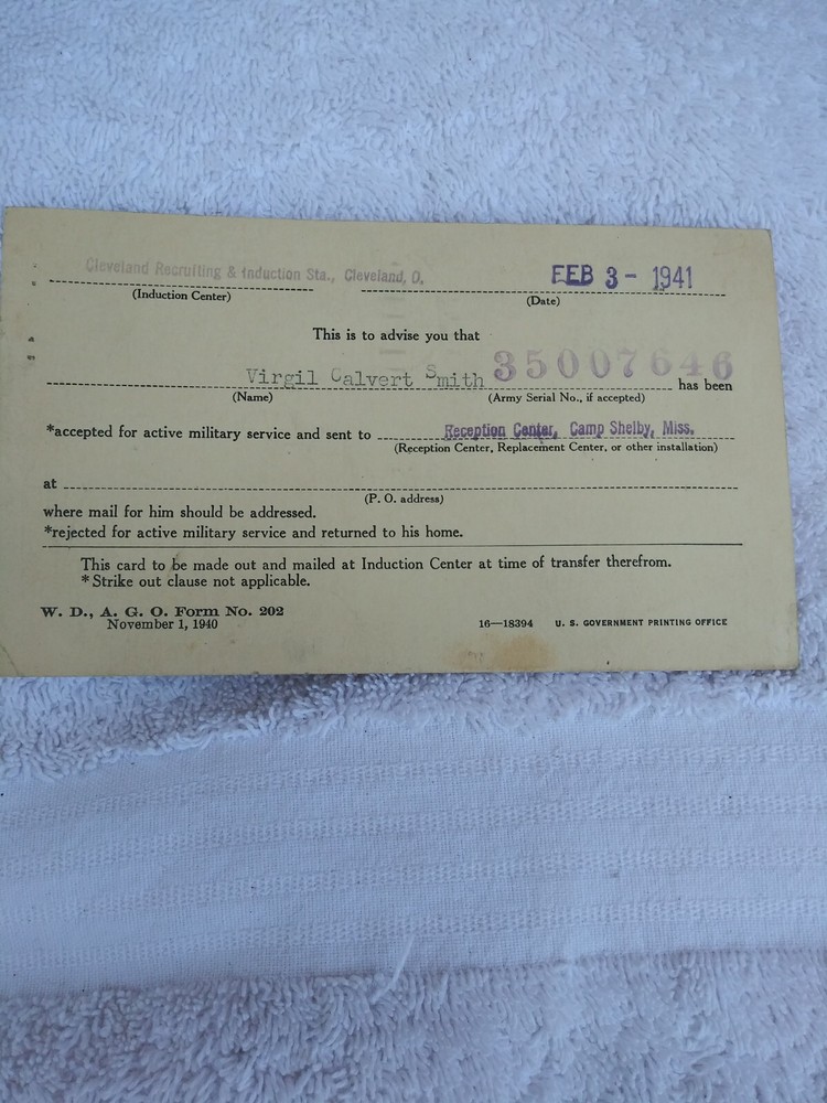 WWII Booklet 1941 Military Service Notification Card