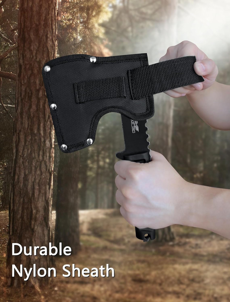 Hatchet, 9.8" Full Tang Camping Axe, Ergonomic Rubber Handle, with Durable Nylon